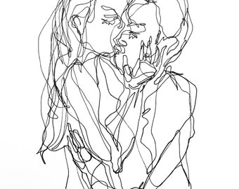 May include: A black and white line drawing depicts two figures in an embrace, their faces close together. The artwork, created with continuous lines, suggests a kiss or intimate moment. The style is minimalist, with a focus on form and emotion.