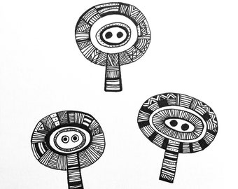 May include: Three black and white abstract drawings of stylized mushroom shapes. Each mushroom has a circular cap with intricate patterns and a striped stem. The artwork is signed and dated "Tina.2018".