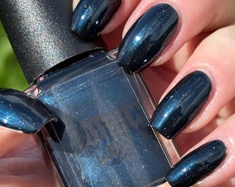 Synergy, Dark Blue/Black Pearlescent with Holographic Sparkles, A True Gothic Night Nail Polish.