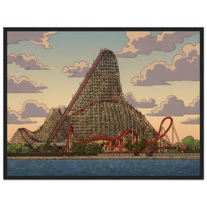 May include: A framed illustration of a wooden roller coaster with red tracks set against a sunset sky with clouds. The structure features a tall, steep lift hill and complex wooden supports, positioned above a body of water with green trees.