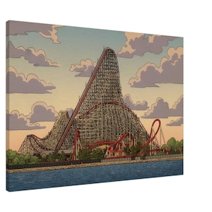May include: A canvas print featuring a stylized illustration of a wooden roller coaster with red tracks. The structure stands against a pale sky with soft clouds, positioned above a body of water with green trees along the shoreline at the base.