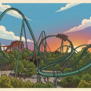 Puede incluir: Una ilustración digital de una montaña rusa de acero color verde azulado con un tren de vagones navegando por un gran bucle y vías curvas. La escena presenta un cielo al atardecer con nubes, árboles verdes y una estructura de montaña rusa naranja.
