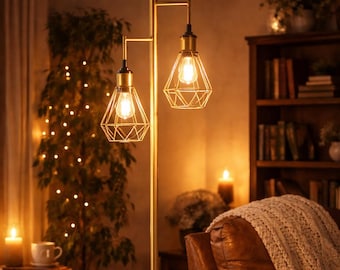 Lampadaire vintage doré à 3 lumières, lampadaire industriel en forme d'arbre de 178 cm, lampadaire moderne du milieu du siècle, ambiance chaleureuse