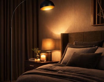 Lámpara de pie moderna de arco – Lámpara de pie negra de 70" de altura con pantalla de 12", iluminación acogedora para el dormitorio, lámpara minimalista para la sala de estar,