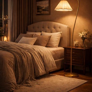 Peut inclure: Int&eacute;rieur de chambre chaleureux avec un lit aux tons neutres, coussins et plaid textur&eacute;. Un lampadaire dor&eacute; en arc avec abat-jour en tissu &eacute;claire l'espace. Une table de chevet en bois et un tapis compl&egrave;tent l'ambiance.