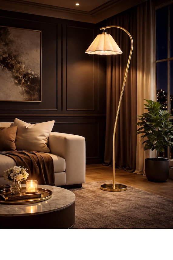 Vintage Arc Floor Lamp, Brass Standing Lamp with Fabric Shade, Cozy Warm Light, Mid Century Modern Living Room Lighting,