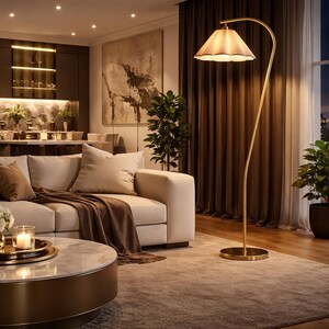 Peut inclure: Un salon luxueux avec un canap&eacute; cr&egrave;me, un plaid marron et des coussins d&eacute;coratifs. Un lampadaire dor&eacute; avec un abat-jour &agrave; volants se dresse pr&egrave;s d'une fen&ecirc;tre donnant sur une ville. Une table basse en marbre avec une base dor&eacute;e et une plante en pot compl&egrave;tent la sc&egrave;ne.