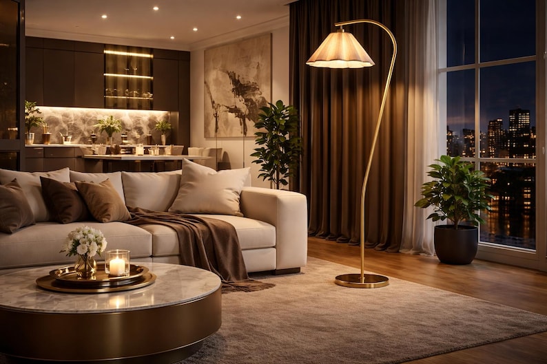 Peut inclure: Un salon luxueux avec un canap&eacute; cr&egrave;me, un plaid marron et des coussins d&eacute;coratifs. Un lampadaire dor&eacute; avec un abat-jour &agrave; volants se dresse pr&egrave;s d'une fen&ecirc;tre donnant sur une ville. Une table basse en marbre avec une base dor&eacute;e et une plante en pot compl&egrave;tent la sc&egrave;ne.