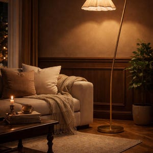 Peut inclure: Int&eacute;rieur chaleureux avec un canap&eacute; cr&egrave;me, des coussins et une couverture. Un lampadaire dor&eacute; avec un abat-jour festonn&eacute; &eacute;claire la pi&egrave;ce. Une table basse avec des livres et une bougie cr&eacute;e une ambiance confortable.
