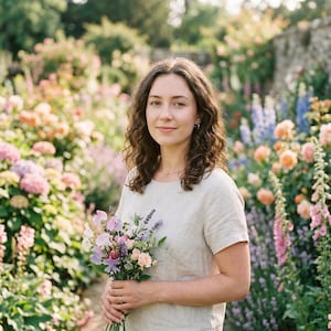 Puede incluir: Una mujer con una blusa clara sostiene un ramo de flores en un jardín. El ramo presenta flores de lavanda, rosas y moradas. El fondo está lleno de flores coloridas y vegetación.