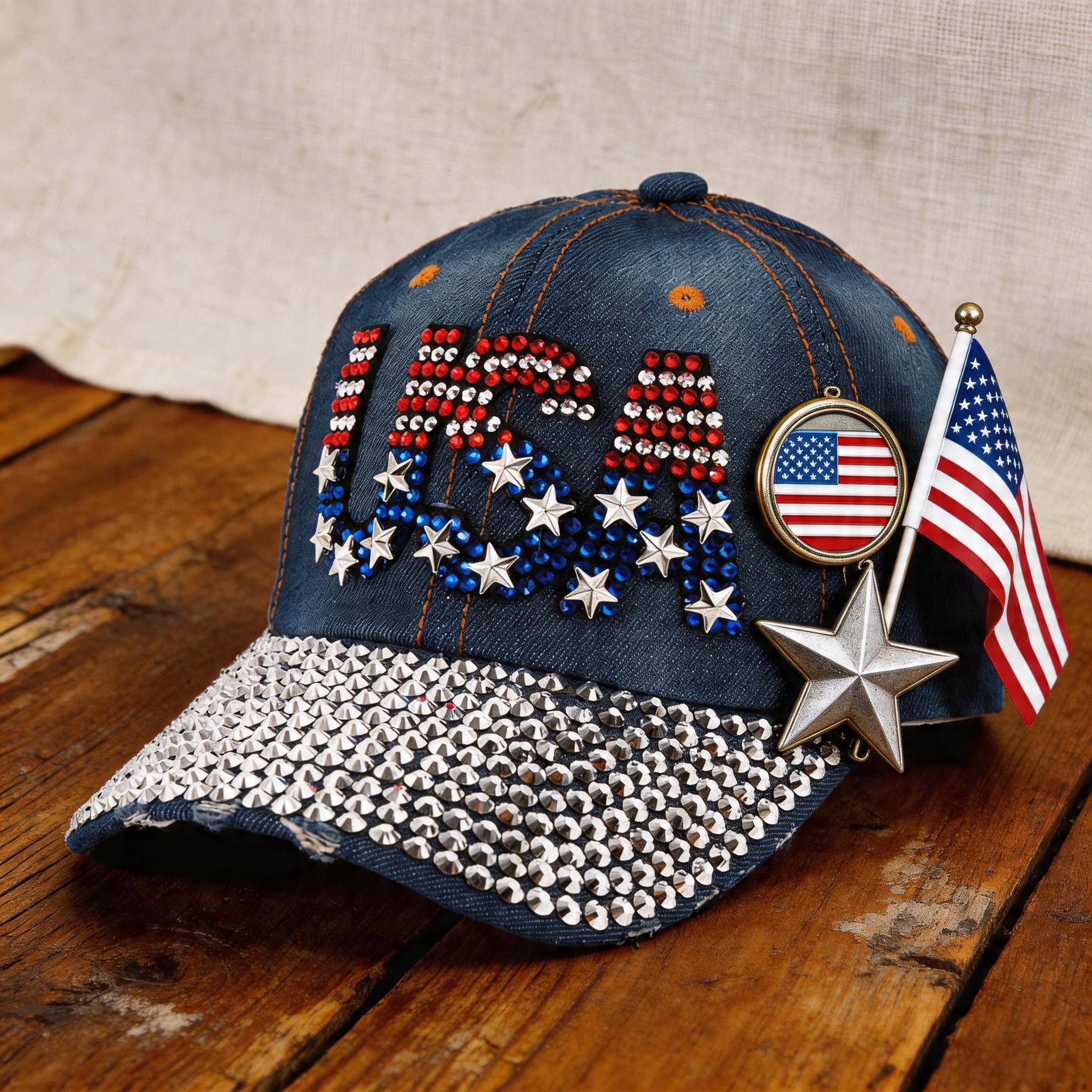 Vintage Y2K Hand-Made Sequin American Flag Cap Patriotic Stars Sparkle‎ Hat 66290_sequined-patriotic-  main image 2