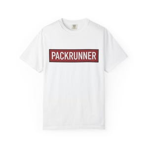 May include: A white t-shirt with a crew neck and short sleeves. The shirt features the word "PACKRUNNER" in white capital letters inside a red rectangle.