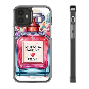Puede incluir: Funda transparente para teléfono con diseño de frasco de perfume. El frasco es rojo y azul con el texto "LOUTRONA PARFUME" y un símbolo de corazón. Acentos florales rodean el frasco. La funda se muestra de frente y de lado.
