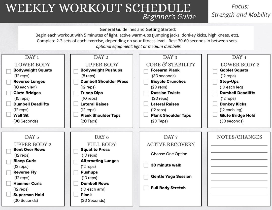 Weekly Conditioning Program 7 Day Workout Plan Printable | Beginner Strength Training Program ...