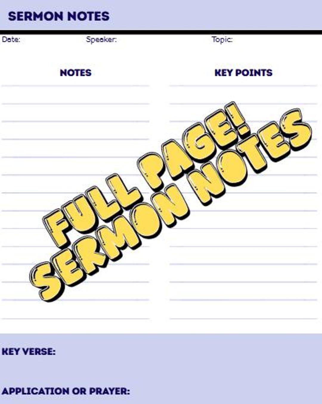 Printable Sermon Notes Page | Full Page Bible Study Template (instant ...