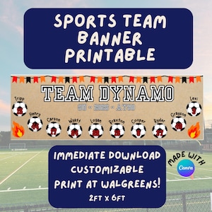 Puede incluir: Una pancarta de equipo deportivo personalizable de 61 cm x 183 cm, con el texto TEAM DYNAMO, 9U - 2026 - AYSO y diez gráficos de balones de fútbol con nombres y números. El diseño incluye banderines naranjas y negros e iconos de llamas.