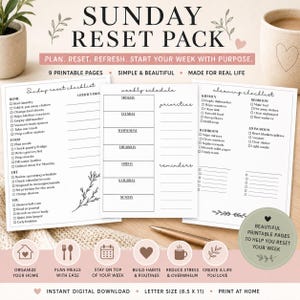 Op de afbeelding: Een afdrukbaar Sunday Reset Pack met checklists en een wekelijkse planning. De pagina's bevatten secties voor taken op het gebied van huis, eten, leven en zelfzorg. Het ontwerp is eenvoudig, met zwarte tekst op een witte achtergrond.
