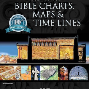 Może przedstawiać: Okładka książki "Rose Book of Bible Charts, Maps & Time Lines". Obraz przedstawia ilustrację złotego budynku ze szczegółami architektonicznymi. Poniżej znajdują się różne ilustracje, w tym mapy i symbole religijne. Jest to rozszerzone wydanie z okazji 10-lecia.