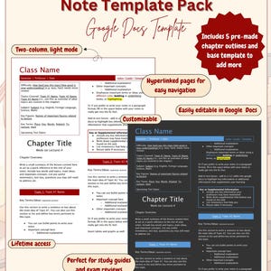 May include: A digital note template pack for Google Docs featuring a light mode and dark mode layout. The document includes sections for class name, chapter title, key terms, and supplemental information with hyperlinked pages for navigation.