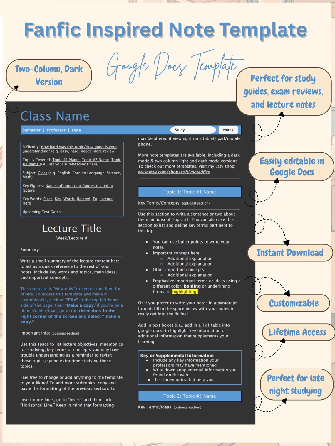 Fanfic Inspired Dark Mode Two-column Notes Template | Google Docs Study ...