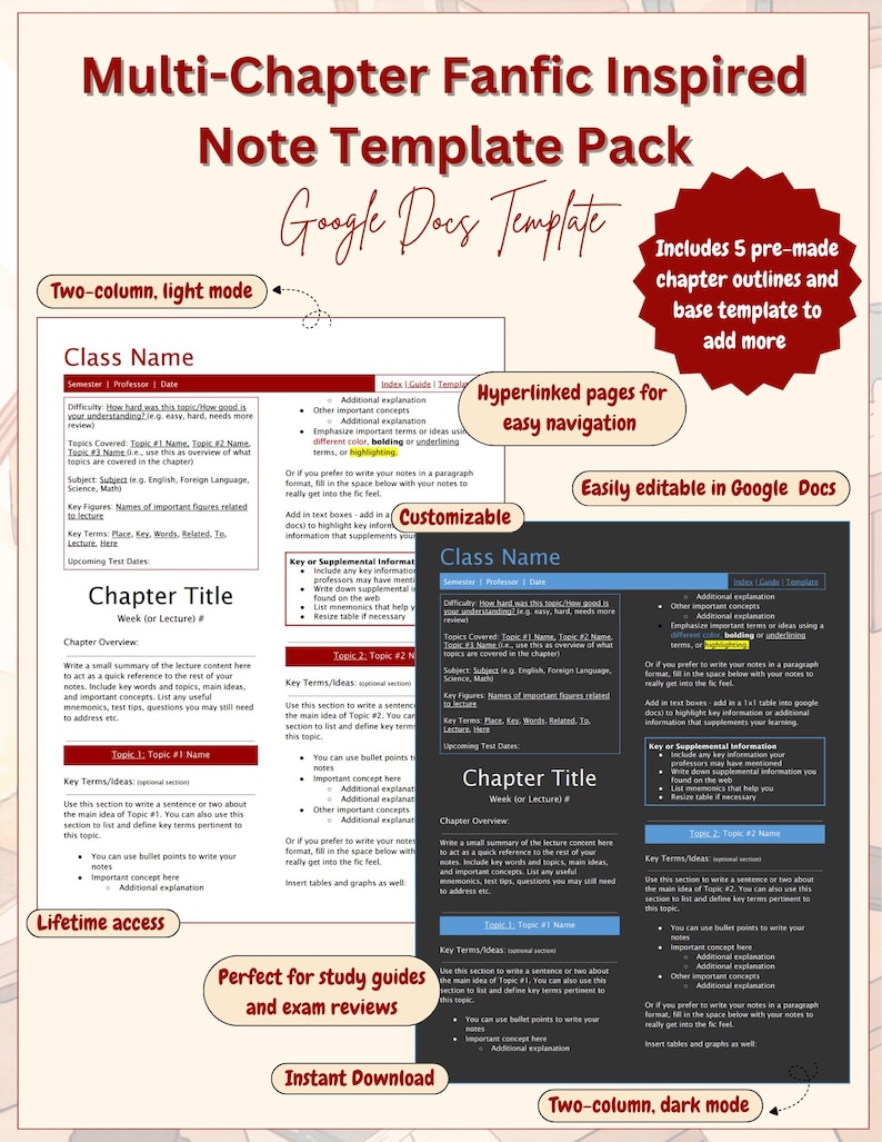 Peut inclure: Un pack de mod&egrave;les de notes num&eacute;riques pour Google Docs comprenant une mise en page en mode clair et sombre. Le document inclut des sections pour le nom du cours, le titre du chapitre, les termes cl&eacute;s et des informations suppl&eacute;mentaires.