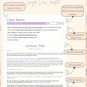 May include: Lavender-themed Google Docs note template. Features include a one-column layout, perfect for detailed lecture notes and exam reviews. Easily editable, customizable, and offers instant download and lifetime access. Organized and aesthetic design.