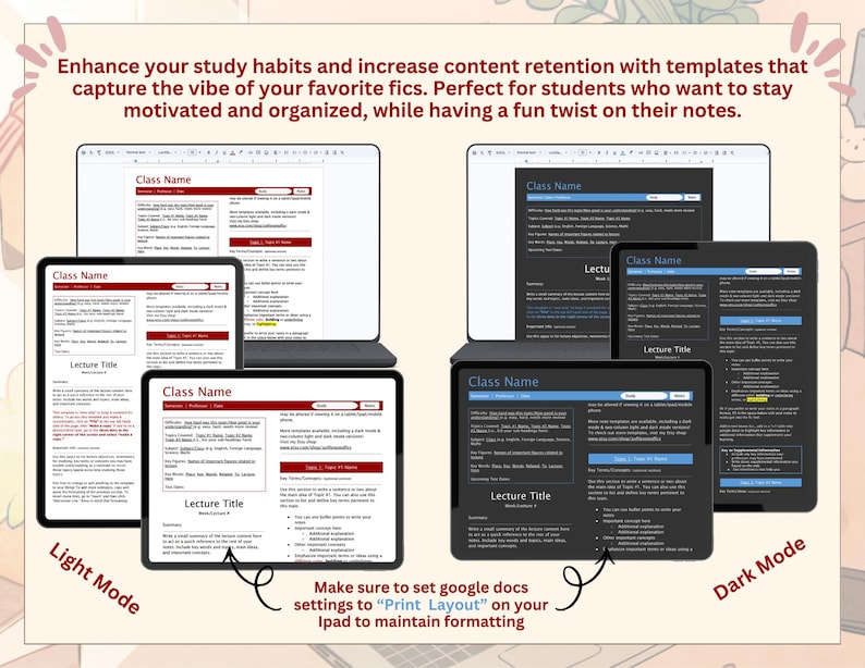 Fanfic Inspired Study Notes Template Pack | Lecture Notes | Google Docs | Light & Dark Mode | 1- and 2-Column Layout image 6
