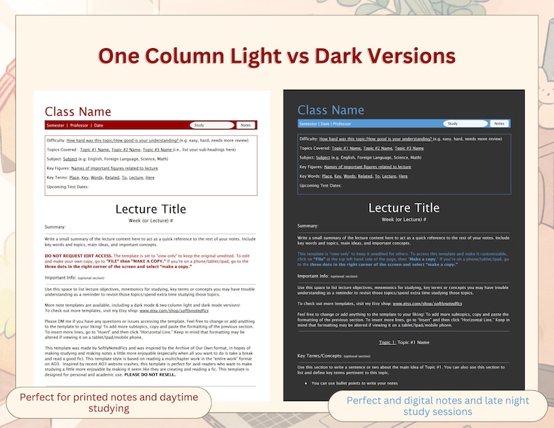 Fanfic Inspired Study Notes Template Pack | Lecture Notes | Google Docs | Light & Dark Mode | 1- and 2-Column Layout image 4