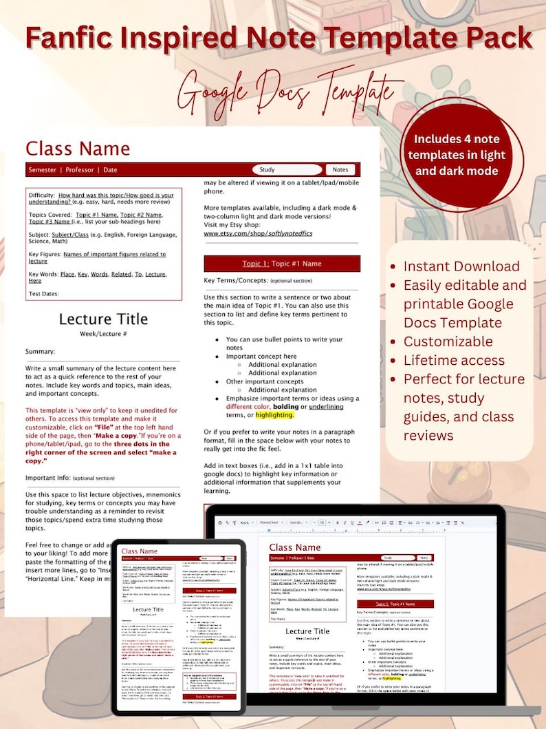 Fanfic Inspired Study Notes Template Pack | Lecture Notes | Google Docs | Light & Dark Mode | 1- and 2-Column Layout image 1