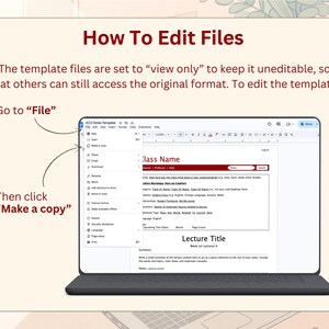 May include: An instructional graphic titled How To Edit Files, featuring a screenshot of a digital document interface. The text explains how to edit a view-only template by selecting File and then clicking Make a copy, with arrows pointing to these menu options.