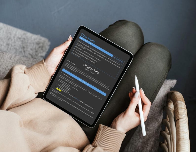 May include: A black tablet displaying a digital document with the header Class Name and Chapter Title. The screen shows structured text fields, bullet points, and blue highlighted sections. A white stylus is held alongside the tablet device.