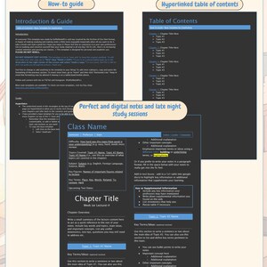 Peut inclure: Un mod&egrave;le d'&eacute;tude num&eacute;rique en mode sombre comprenant un guide pratique, une table des mati&egrave;res hyperli&eacute;e et une page de notes de cours. La mise en page inclut des sections pour le nom du cours, le semestre, le professeur, la date et les termes cl&eacute;s.