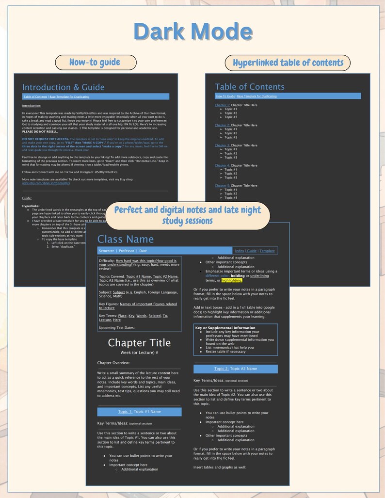 Peut inclure: Un mod&egrave;le d'&eacute;tude num&eacute;rique en mode sombre comprenant un guide pratique, une table des mati&egrave;res hyperli&eacute;e et une page de notes de cours. La mise en page inclut des sections pour le nom du cours, le semestre, le professeur, la date et les termes cl&eacute;s.