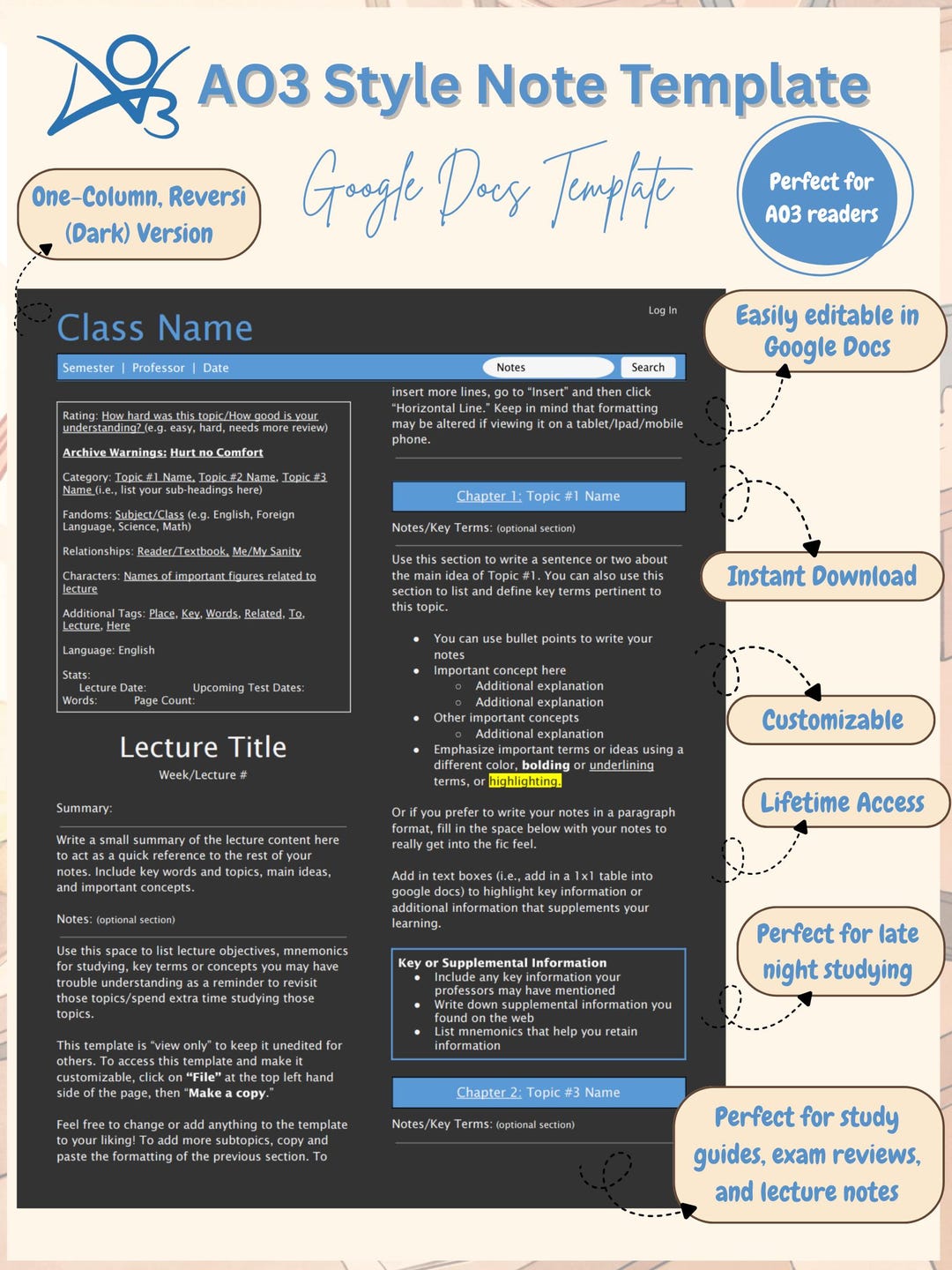 Styling Note Less Archive of Our Own Style Notes Template | Dark Mode Two Column Notes ...
