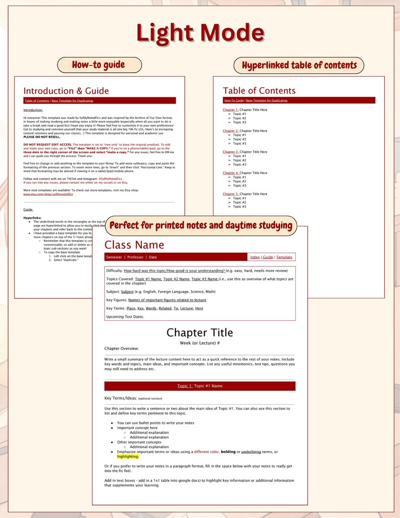 May include: A digital study template titled Light Mode featuring an Introduction & Guide, a Hyperlinked table of contents, and a Class Name page. The layout includes sections for Chapter Title, Chapter Overview, Key Terms, and bulleted notes.