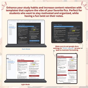 Peut inclure: Mod&egrave;les de notes d'&eacute;tude num&eacute;riques affich&eacute;s sur un &eacute;cran d'ordinateur portable et de tablette en mode sombre et clair. Les mod&egrave;les incluent des sections pour le nom du cours, le titre du chapitre, les termes cl&eacute;s et des informations suppl&eacute;mentaires.