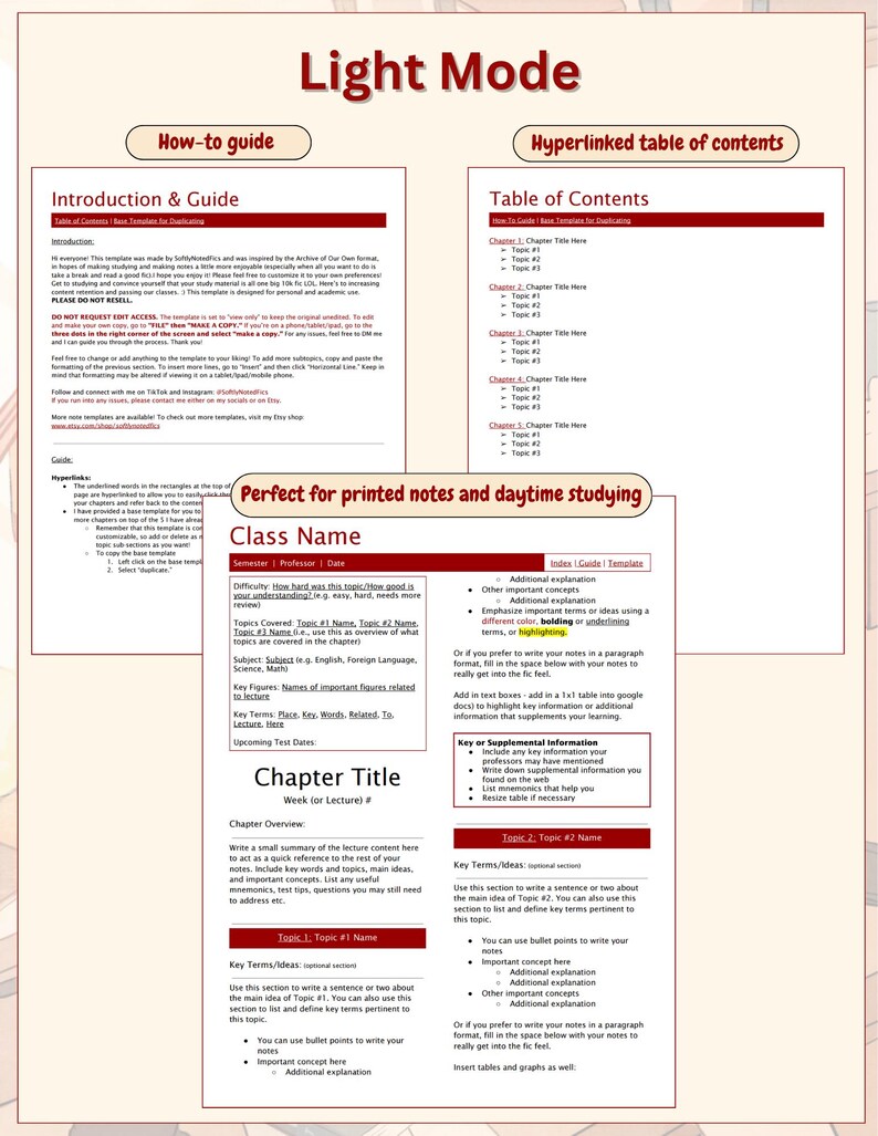 Peut inclure: Un mod&egrave;le d'&eacute;tude num&eacute;rique en mode clair comprenant une introduction et un guide, une table des mati&egrave;res hyperli&eacute;e et une page de notes de cours. La mise en page inclut des sections pour le nom du cours, le semestre, le professeur et les termes cl&eacute;s.