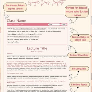 May include: A digital Google Docs template for taking notes, featuring a spring aesthetic with a sakura-inspired design. The template is customizable, easily editable, and perfect for detailed lecture notes and exam reviews. Includes key sections for class name, topics, and key terms.