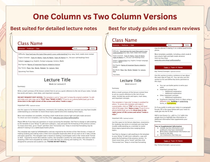 Fanfic Inspired Study Notes Template Pack | Lecture Notes | Google Docs | Light & Dark Mode | 1- and 2-Column Layout image 3