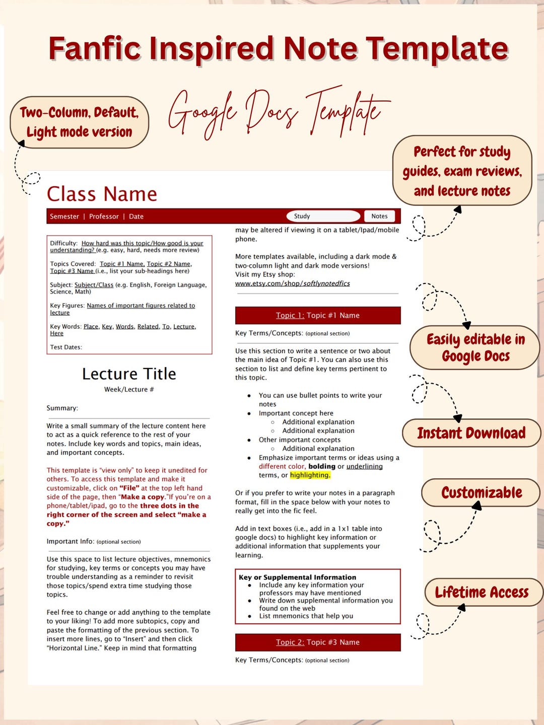 Fanfic Inspired Light Notes Template | Two Column Study Notes Template ...