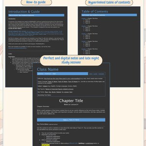 May include: A digital study template in dark mode featuring an Introduction and Guide, a hyperlinked Table of Contents, and a Class Name page. The layout includes sections for chapter titles, key terms, lecture summaries, and bulleted notes.