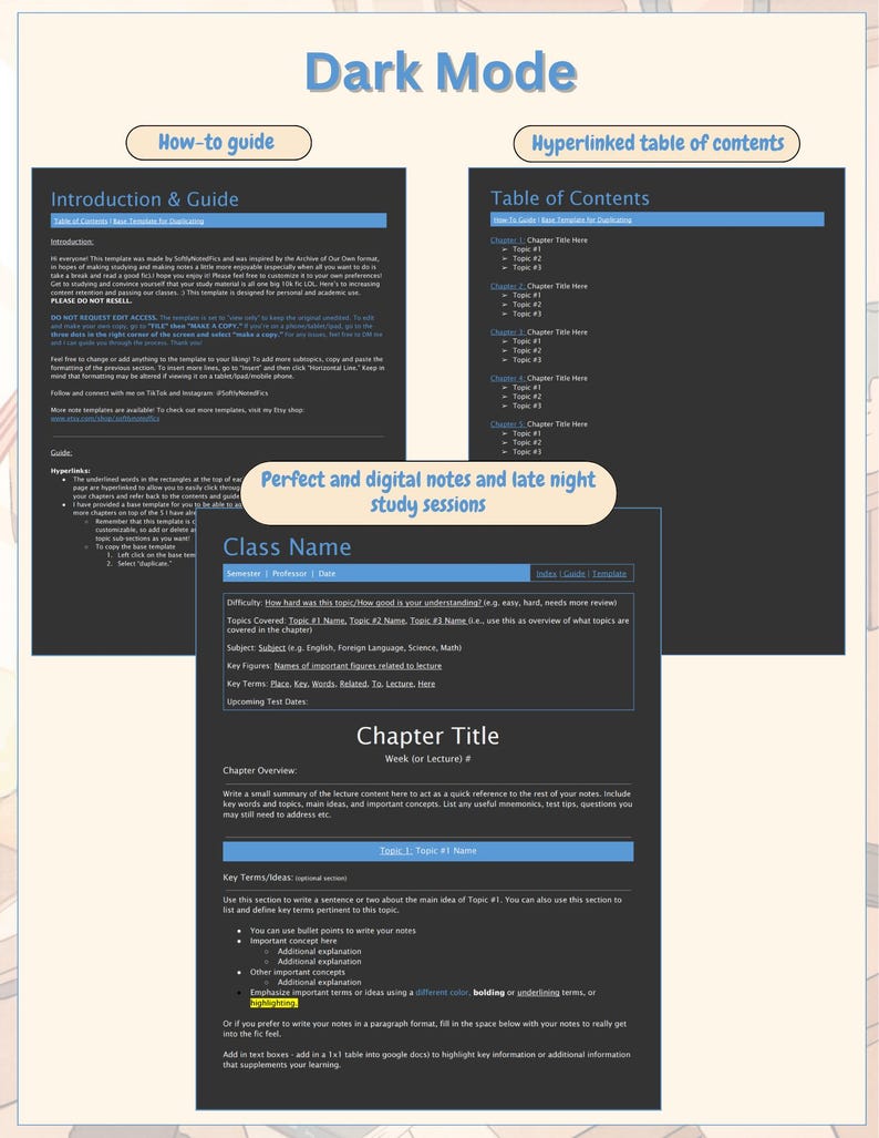 May include: A digital study template in dark mode featuring an Introduction and Guide, a hyperlinked Table of Contents, and a Class Name page. The layout includes sections for chapter titles, key terms, lecture summaries, and bulleted notes.
