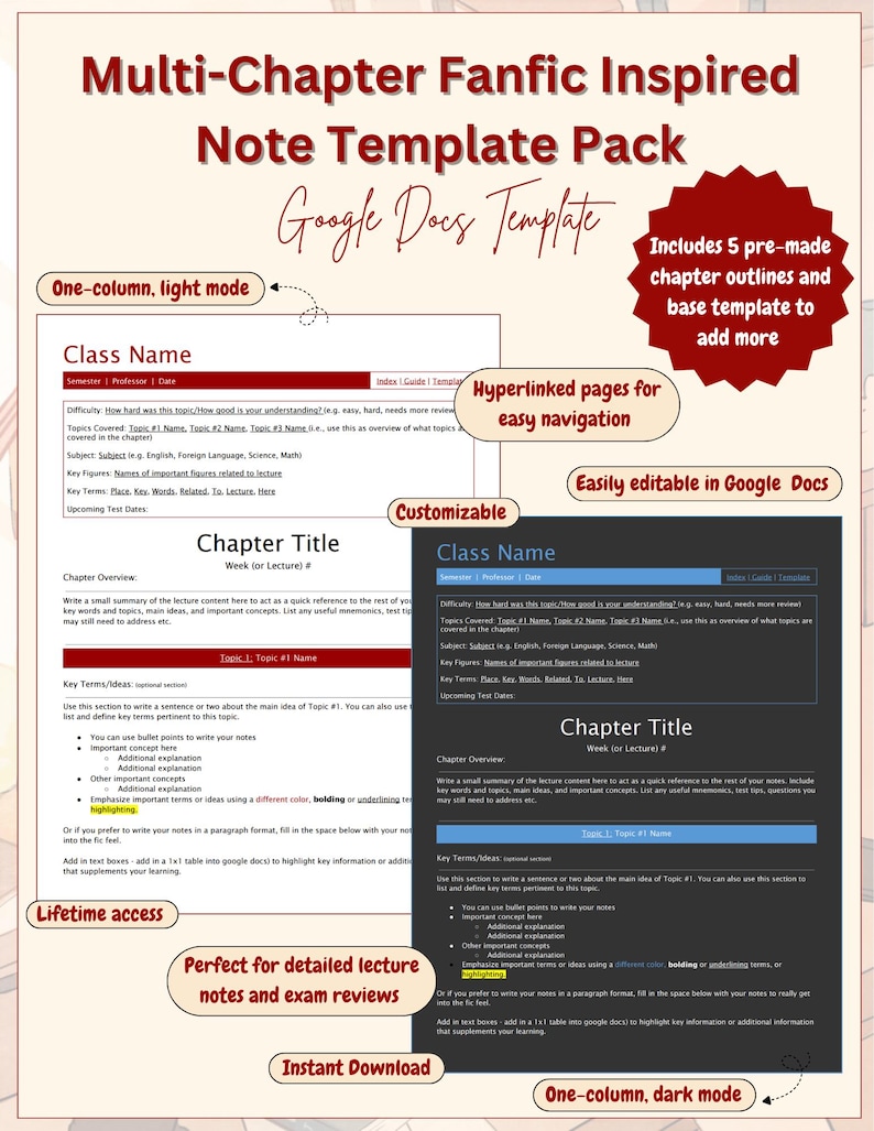 May include: A digital note template pack for Google Docs featuring a multi-chapter layout. The image displays a light mode and a dark mode version of the template, including sections for class name, chapter title, overview, and key terms.