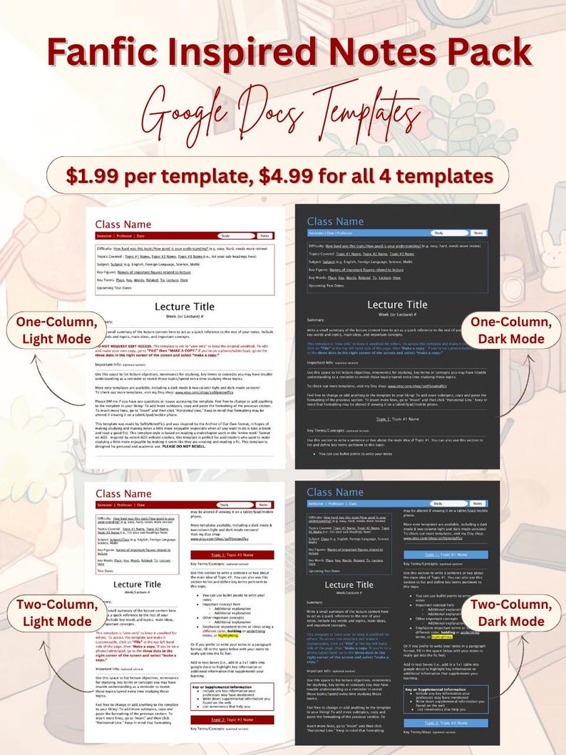 Fanfic Inspired Study Notes Template Pack | Lecture Notes | Google Docs | Light & Dark Mode | 1- and 2-Column Layout image 2