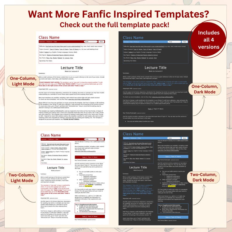 Fanfic Inspired Light Notes Template | Two Column Study Notes Template ...