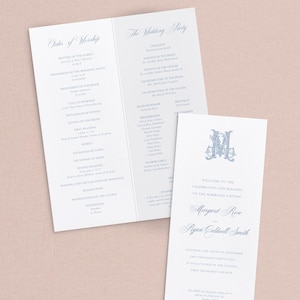 May include: Wedding ceremony programs with elegant calligraphy in blue on white paper. The programs include the order of service, wedding party details, and the names of the couple, Margaret Rose and Ryan Caldwell Smith.