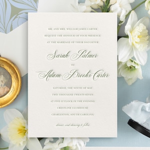 May include: A rectangular white wedding invitation card with embossed green serif and script text. The text reads: Mr. and Mrs. William James Carter request the honour of your presence at the marriage of their daughter Sarah Palmer to Adam Brooks Carter.