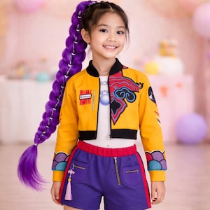May include: A young person wearing a yellow bomber jacket with red and blue accents, purple shorts, and a long purple braid. The jacket has the text "RIVAL" and a graphic design. The shorts have red stripes and a tassel.
