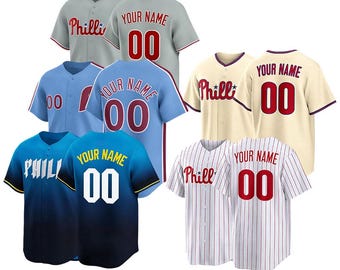 Camisa personalizada do time de beisebol Philadelphia, com nome e número bordados à mão, ideal para presentear homens, crianças e fãs de beisebol.