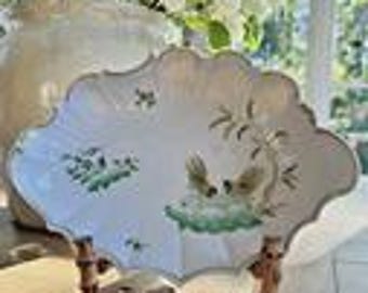 Richard Ginori Siena Green Vecchio Oval Scalloped Bowl Dish Green Rooster Italy